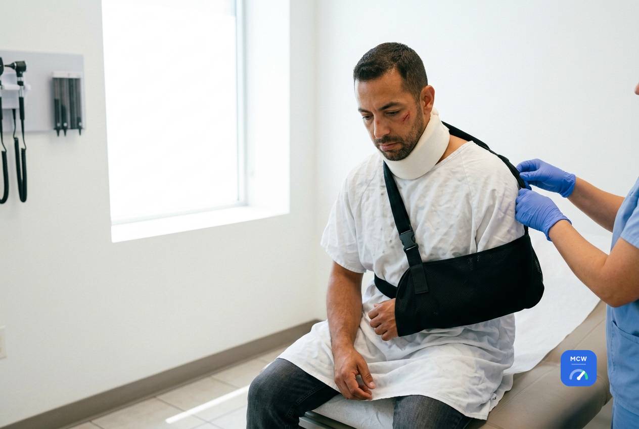 Man in a hospital gown at urgent care with his arm in a sling and a cervical collar as a nurse adjusts the strap
