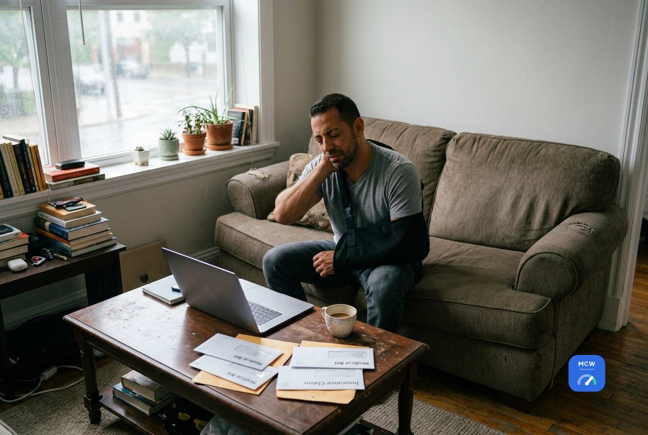 Man at home on the couch, arm in a sling, holding his neck in pain beside a table of unopened medical bills