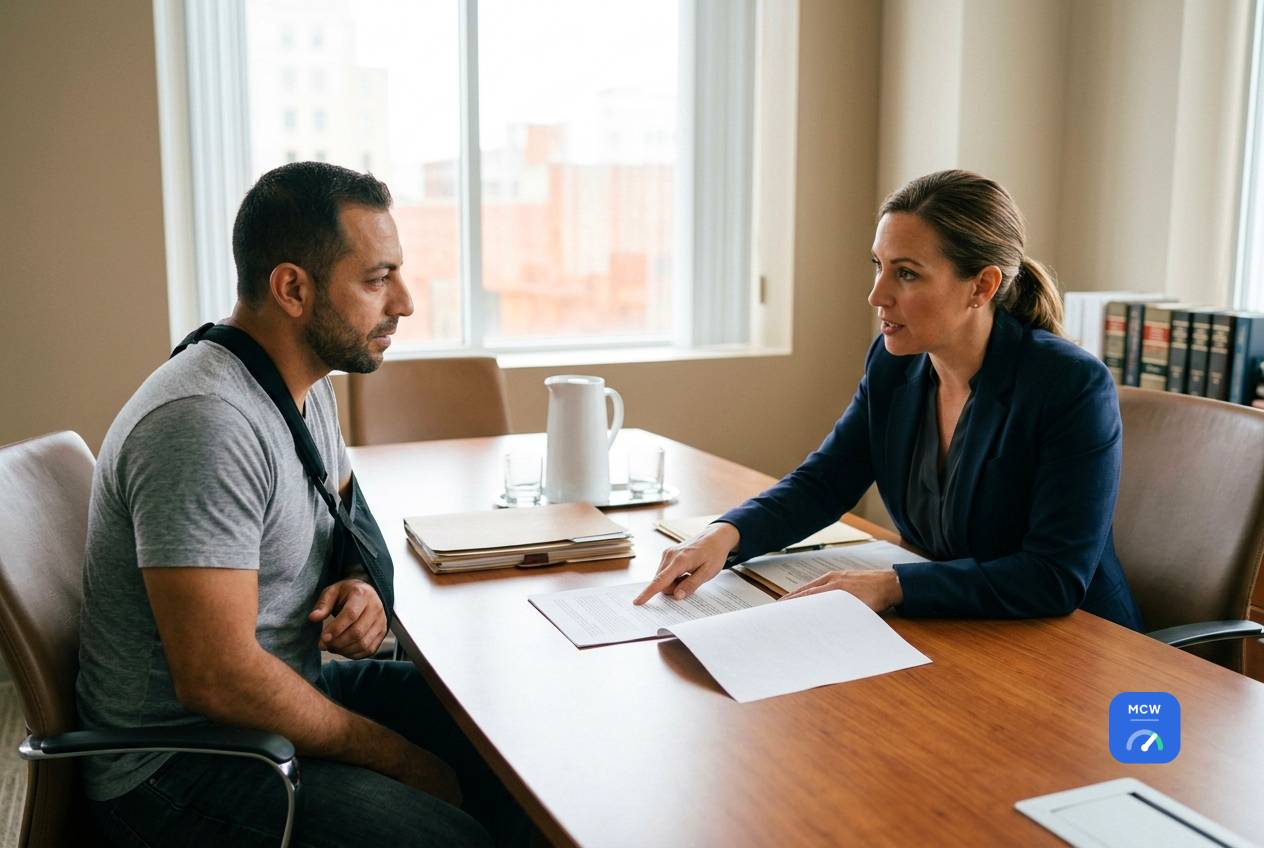 Man in an arm sling meeting with an attorney who is pointing to a document across a conference table